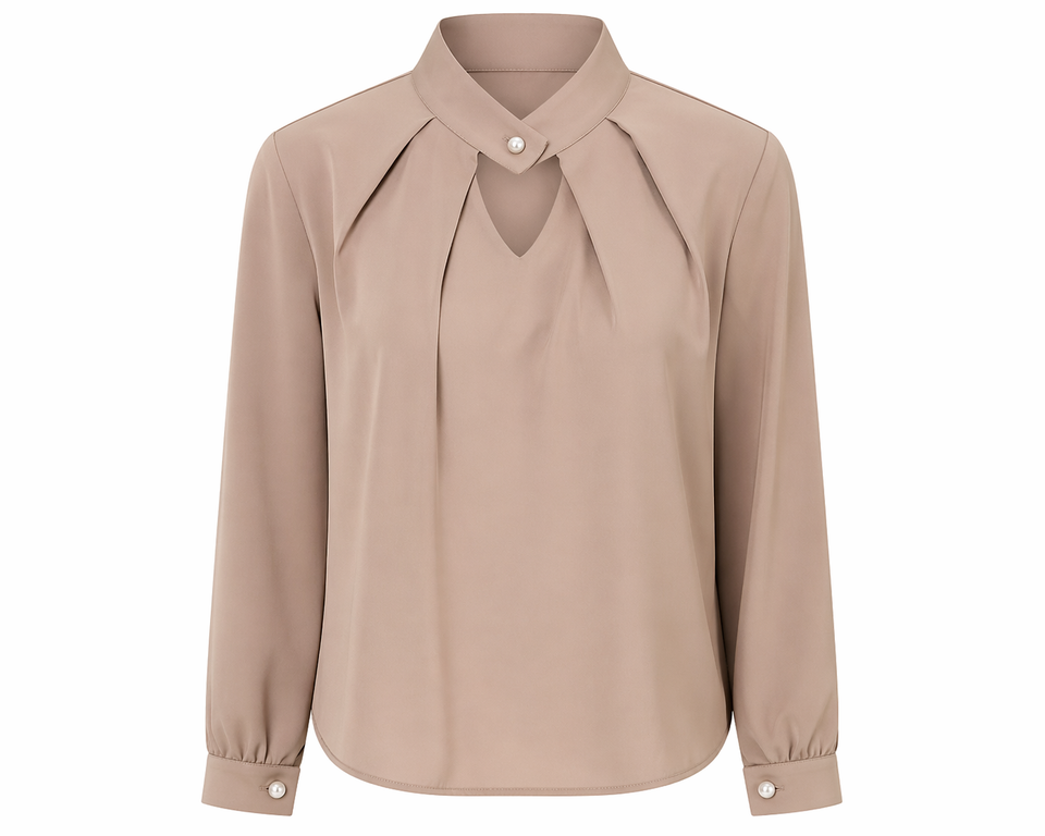 Beige Satin Blouse with Pearl Detail