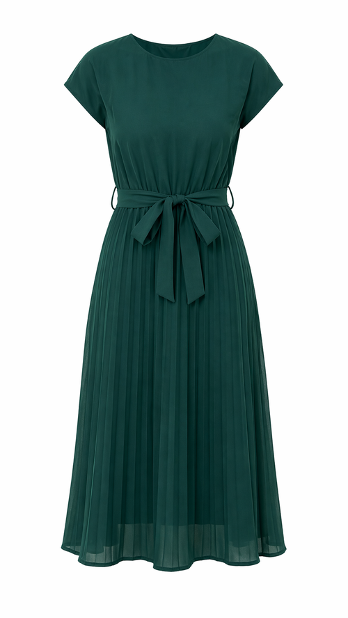 Emerald Green Pleated Fit and Flare Dress