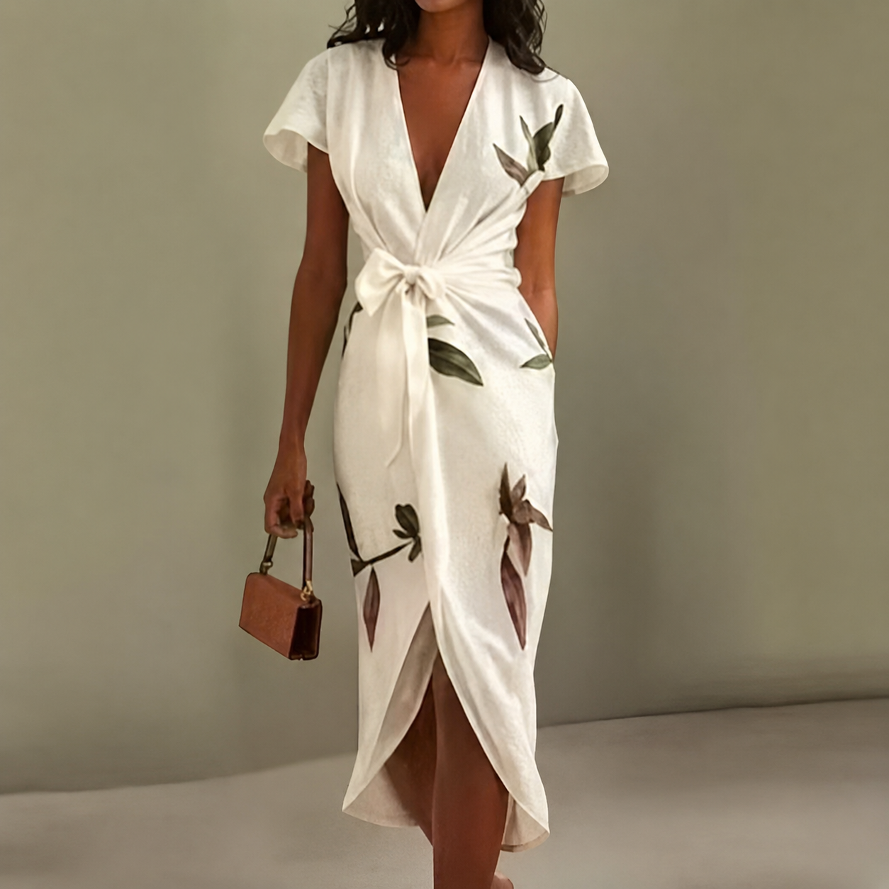 Women's Floral Midi Dress - V-Neck Short Sleeve Summer Dress
