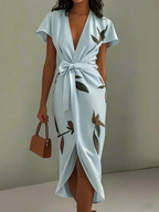 Women's Floral Midi Dress - V-Neck Short Sleeve Summer Dress