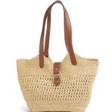 Large Woven Straw Tote Bag with Leather Handles