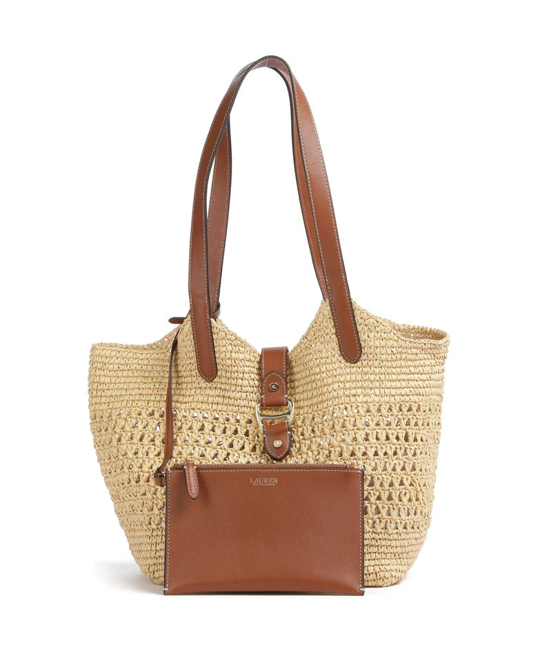 Large Woven Straw Tote Bag with Leather Handles - view 4